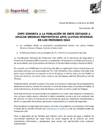 CNPC exhorta a la población de siete estados a aplicar medidas preventivas ante lluvias intensas en los próximos días